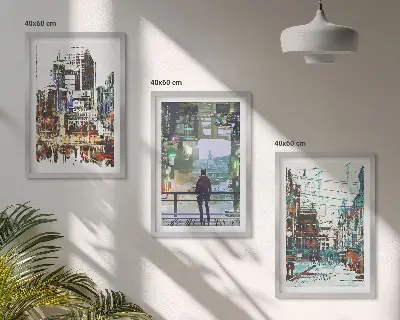 Set of 3 framed wall art pieces modern cities with colorful characters