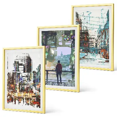 Set of 3 framed wall art pieces modern cities with colorful characters