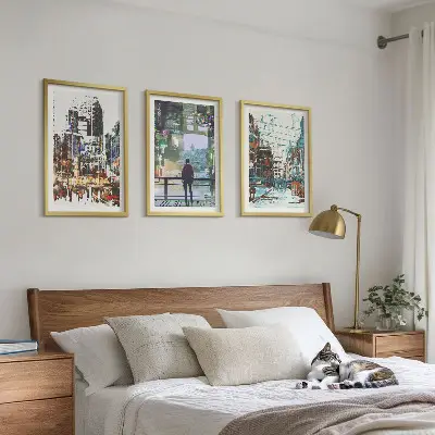 Set of 3 framed wall art pieces Modern cities colorful characters