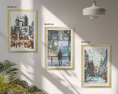 Set of 3 framed wall art pieces modern cities with colorful characters