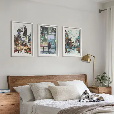 Set of 3 framed wall art pieces modern cities with colorful characters