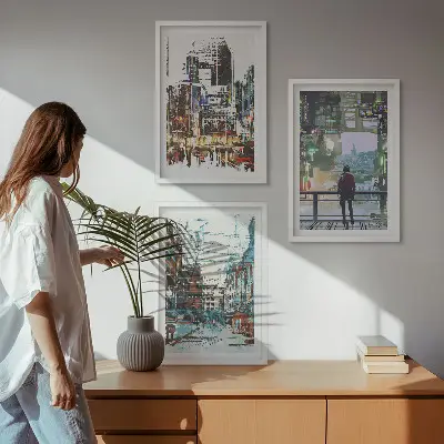 Set of 3 framed wall art pieces modern cities with colorful characters