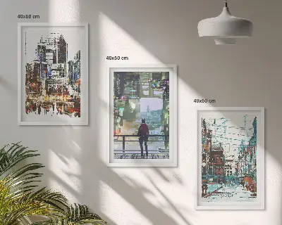Set of 3 framed wall art pieces modern cities with colorful characters