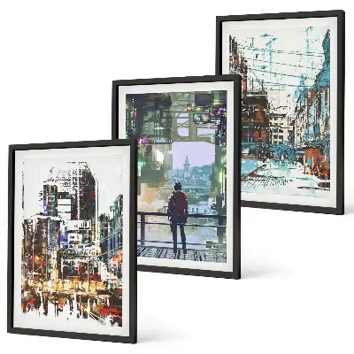 Set of 3 framed wall art pieces modern cities with colorful characters