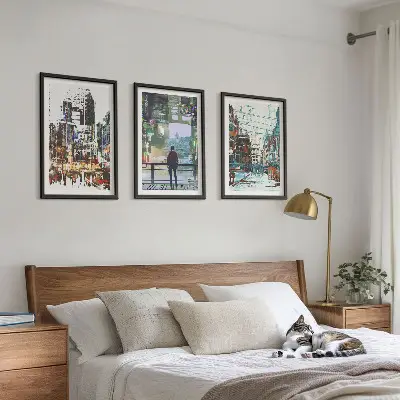 Set of 3 framed wall art pieces modern cities with colorful characters