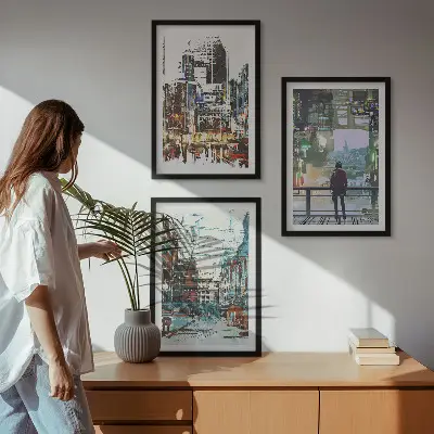 Set of 3 framed wall art pieces modern cities with colorful characters