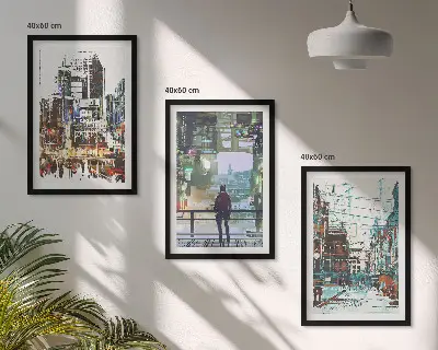 Set of 3 framed wall art pieces modern cities with colorful characters