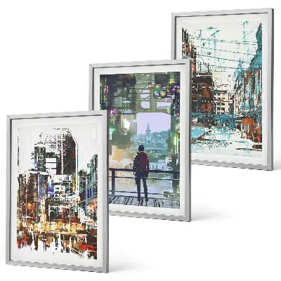 Set of 3 framed wall art pieces modern cities with colorful characters