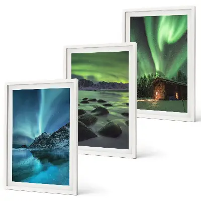 Three-piece wall art set winter landscape with aurora and mountains