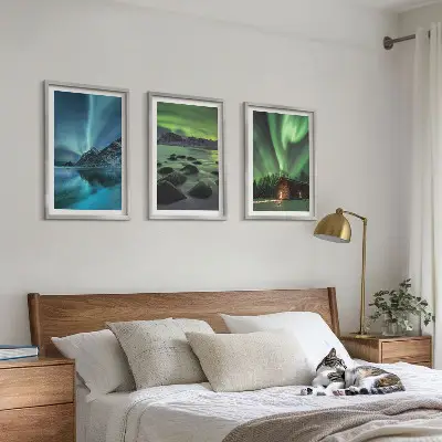 Three-piece wall art set winter landscape with aurora and mountains