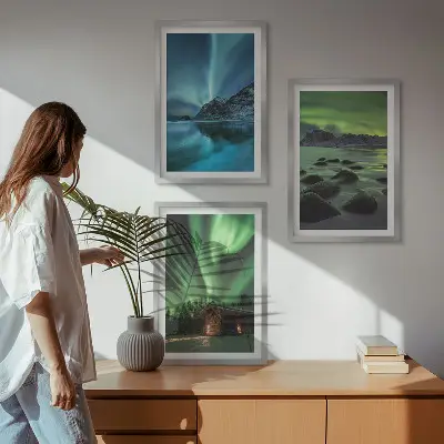 Three-piece wall art set winter landscape with aurora and mountains