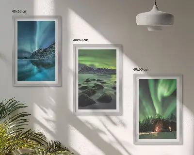 Three-piece wall art set winter landscape with aurora and mountains