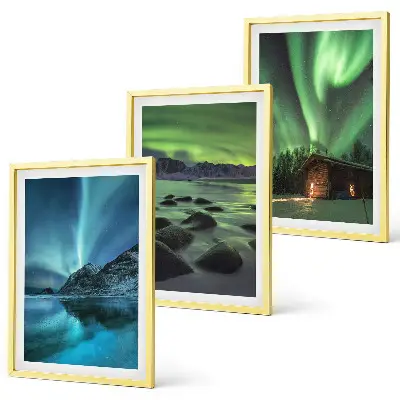 Three-piece wall art set winter landscape with aurora and mountains