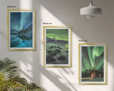Three-piece wall art set winter landscape with aurora and mountains