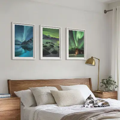 Three-piece wall art set winter landscape with aurora and mountains