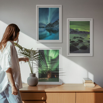 Three-piece wall art piece Winter landscapes aurora mountains