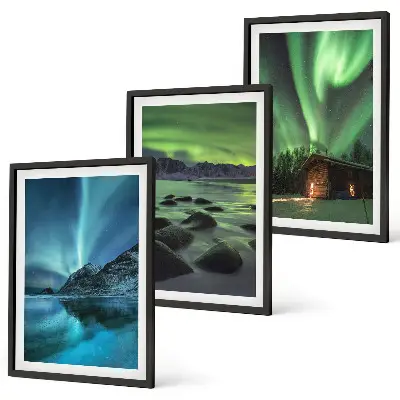 Three-piece wall art set winter landscape with aurora and mountains