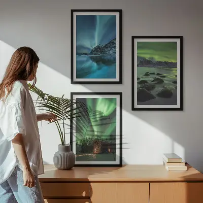 Three-piece wall art set winter landscape with aurora and mountains
