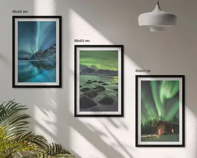 Three-piece wall art set winter landscape with aurora and mountains