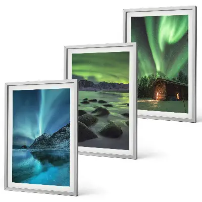 Three-piece wall art set winter landscape with aurora and mountains
