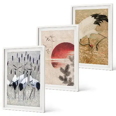 Japanese cranes landscape wall art set of 3 framed pieces
