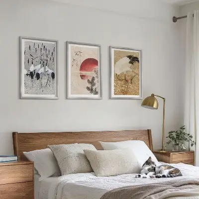 Japanese cranes landscape wall art set of 3 framed pieces