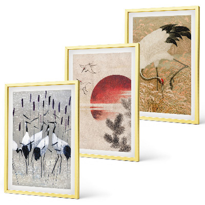 Set of 3 framed wall art pieces Japanese cranes landscape