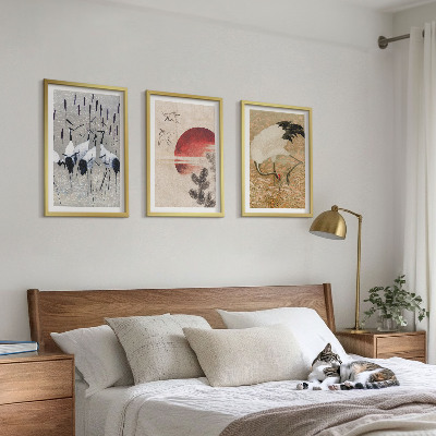 Set of 3 framed wall art pieces Japanese cranes landscape