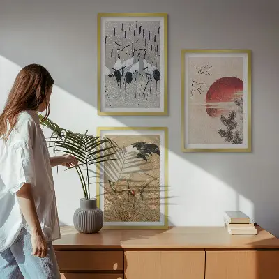 Japanese cranes landscape wall art set of 3 framed pieces
