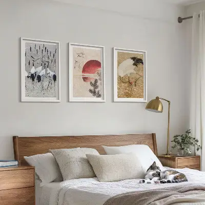 Japanese cranes landscape wall art set of 3 framed pieces