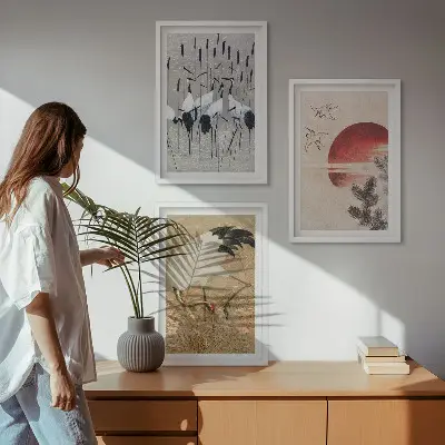 Japanese cranes landscape wall art set of 3 framed pieces