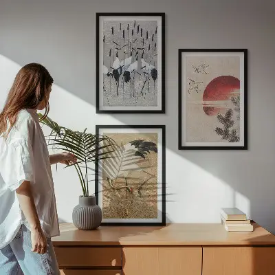 Japanese cranes landscape wall art set of 3 framed pieces