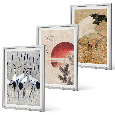 Set of 3 framed wall art pieces Japanese cranes landscape