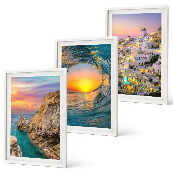 Three-piece wall art set featuring sea waves and white houses in Santorini