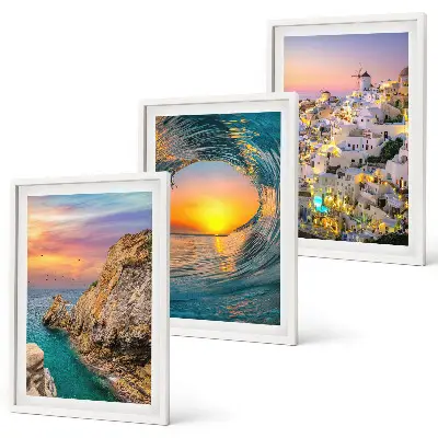 Three-piece wall art set featuring sea waves and white houses in Santorini