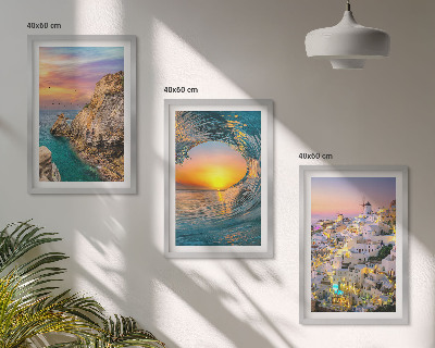 Three-piece wall art piece Sea waves white houses Santorini