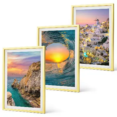 Three-piece wall art set featuring sea waves and white houses in Santorini