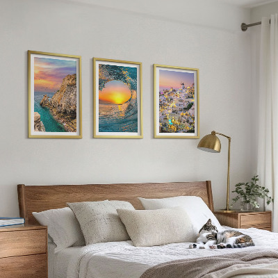Three-piece wall art piece Sea waves white houses Santorini