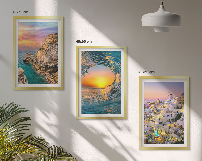 Three-piece wall art piece Sea waves white houses Santorini