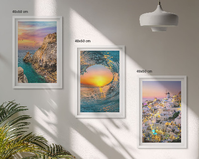 Three-piece wall art piece Sea waves white houses Santorini