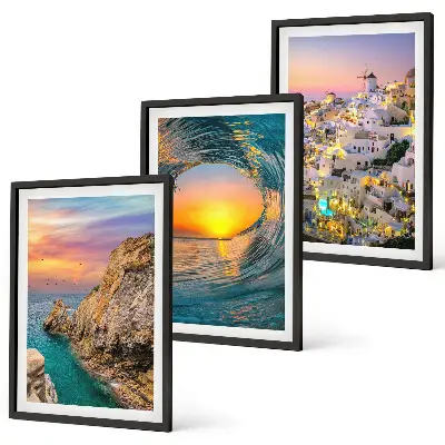 Three-piece wall art set featuring sea waves and white houses in Santorini