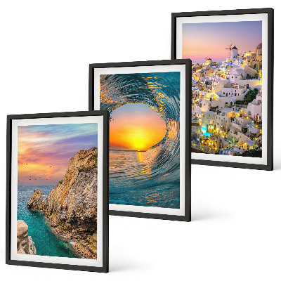 Three-piece wall art piece Sea waves white houses Santorini