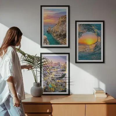 Three-piece wall art set featuring sea waves and white houses in Santorini