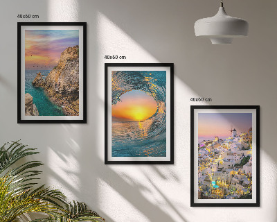 Three-piece wall art piece Sea waves white houses Santorini