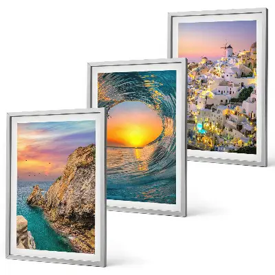 Three-piece wall art set featuring sea waves and white houses in Santorini