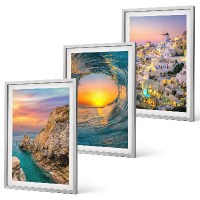 Three-piece wall art piece Sea waves white houses Santorini