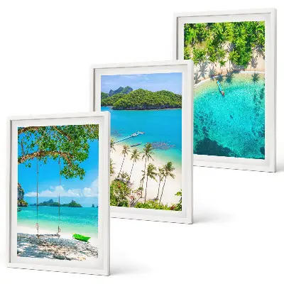 Set of 3 framed wall art pieces featuring beaches, palm trees, and clear water