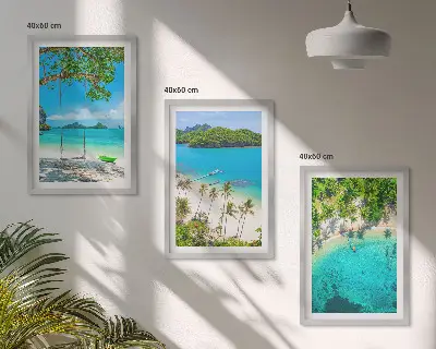 Set of 3 framed wall art pieces featuring beaches, palm trees, and clear water