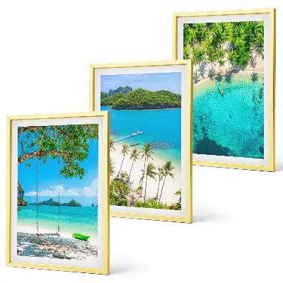 Set of 3 framed wall art pieces featuring beaches, palm trees, and clear water
