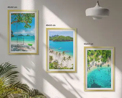 Set of 3 framed wall art pieces featuring beaches, palm trees, and clear water